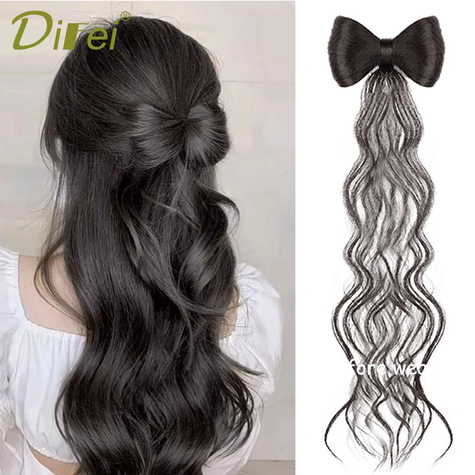 DIFEI Half-tied Bow Synthetic Wig Female Bow Half-tied Ponytail Chicken Feather Catching Clip Curly Hair Braid Ponytail