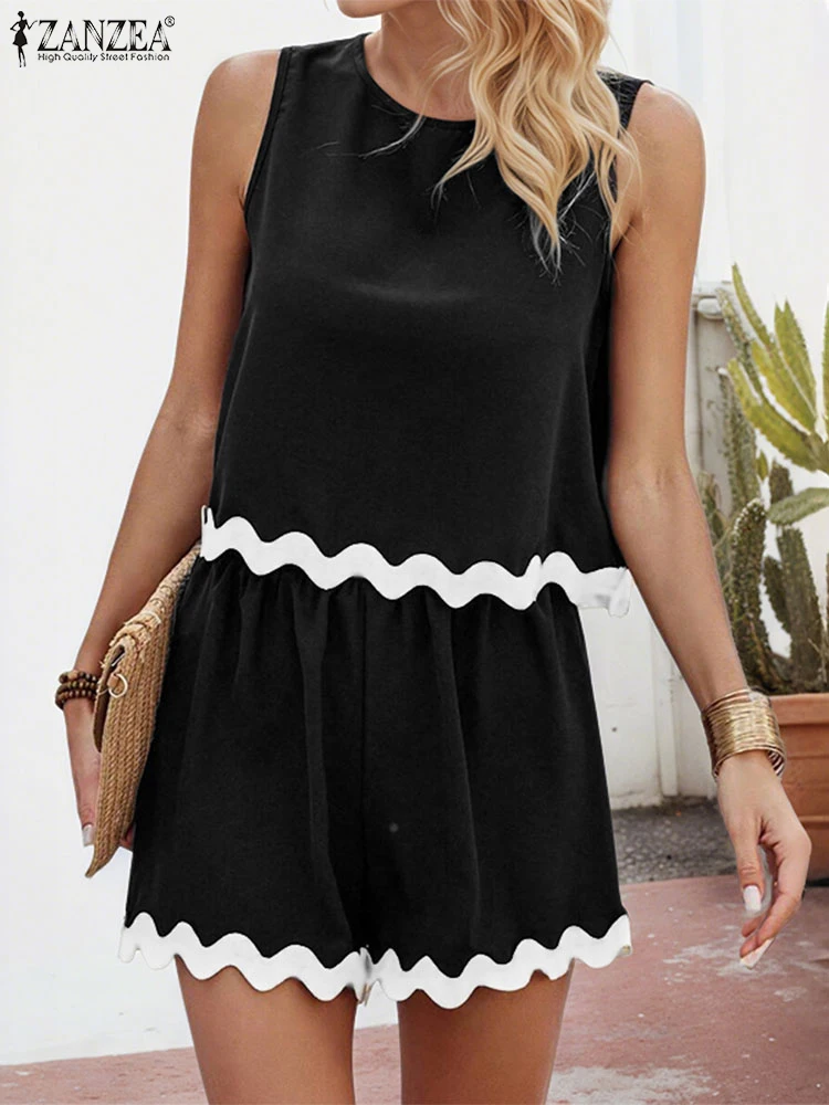 

ZANZEA Women Summer 2PCS Color Patchwork Short Sets 2025 Fashion Sleeveless Tops and Elastic Waist Casual Two-piece Outfits Sets
