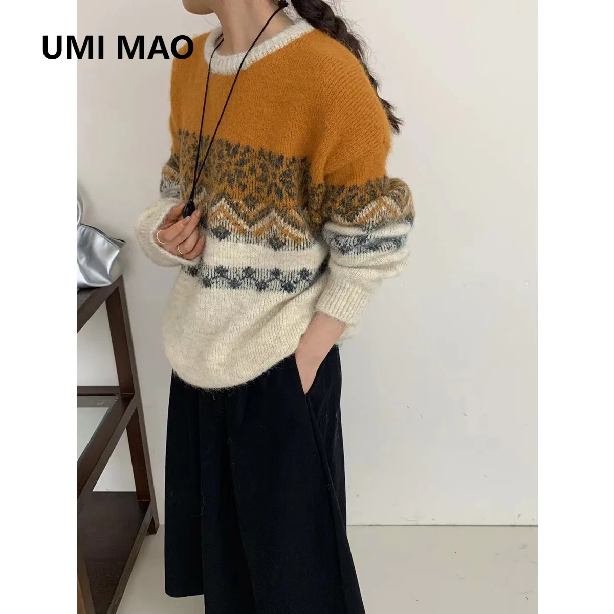 UMI MAO вязаный свитер с ромбовидным узором, осень-зима, свободный мягкий шерстяной пуловер в ленивом стиле, женский свитер