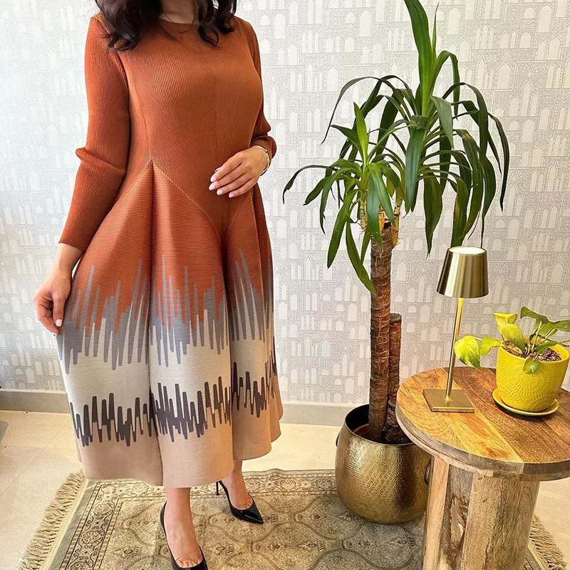 GGHK Pleated Plus Size Women Dress 2025 Spring Autumn New Printed Pattern Vintage Design Pod Dresses Elegant Woman