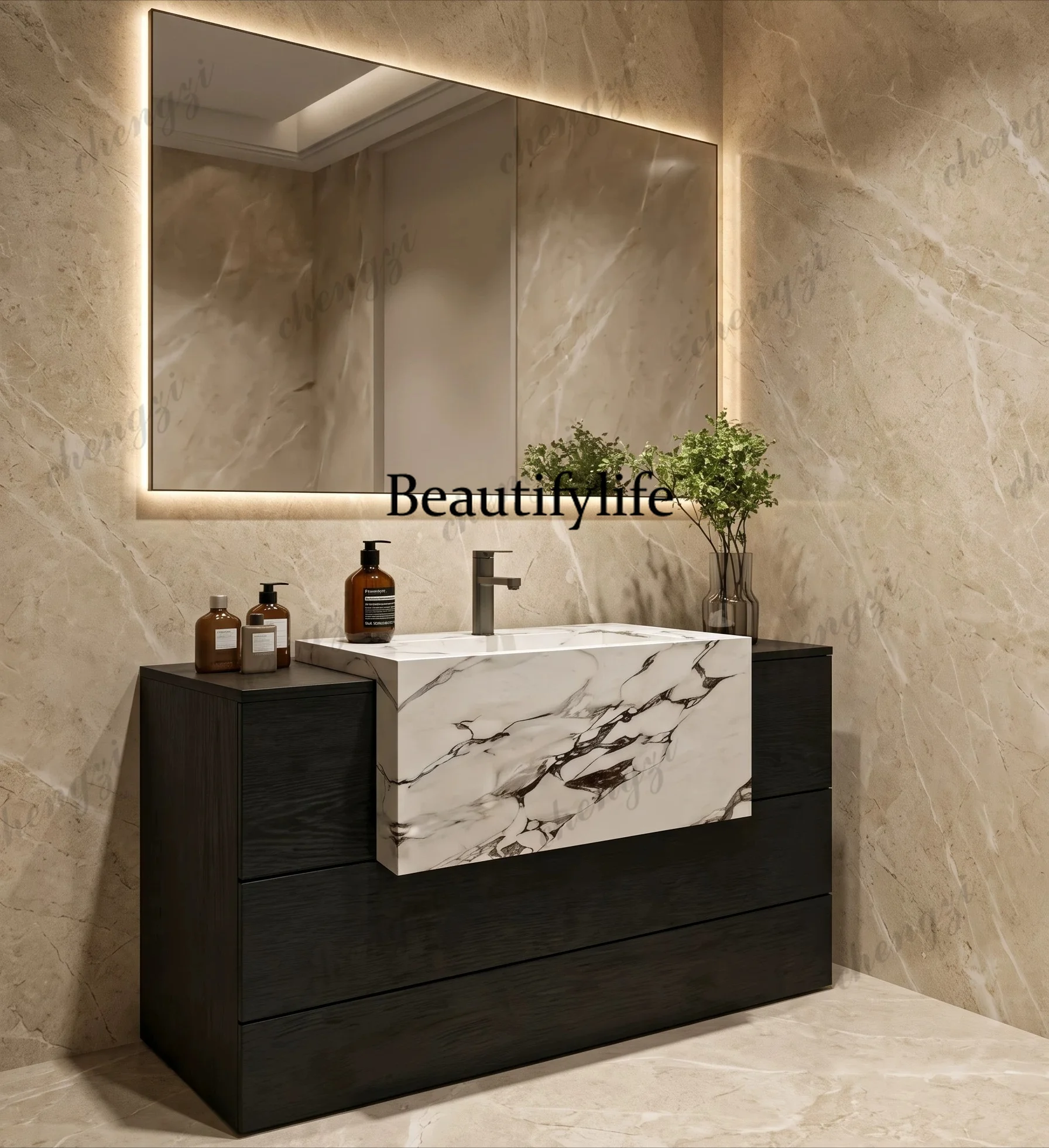 Bed and breakfast hotel wind bathroom cabinet rock slab integrated basin floor cabinet  multi-layer solid wood washbasin