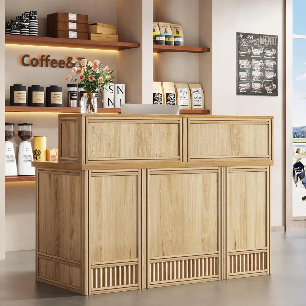 Reception Desk with Counter, 57-Inch Rustic Front Receptionist Table, Boho Welcome Desk Checkout Counter for Office