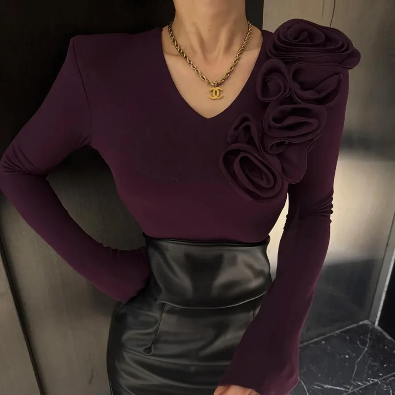 เสื้อผ้าผู้หญิง 2025 ฤดูใบไม้ผลิฤดูใบไม้ร่วงสไตล์VINTAGE 3Dการออกแบบดอกไม้Basic Tเสื้อElegant Chic VคอยาวแขนยาวSlim Tops