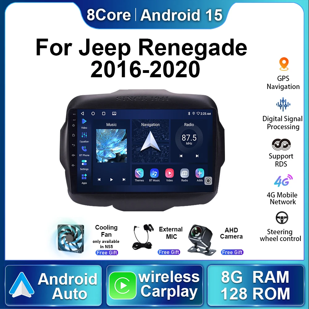

Восьмиядерный 5G автомобильный радиоприемник для Jeep Renegade 2016-2020 Android15 авторадио мультимедийный плеер стерео беспроводной Carplay навигация GPS