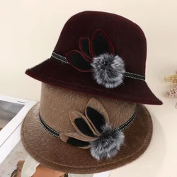 Women Vintage Woolen Felt Bucket Hats Fashion Elegant Wine Red Basin Hat Winter Church Wedding Bowler Hats Female Fisherman Hat