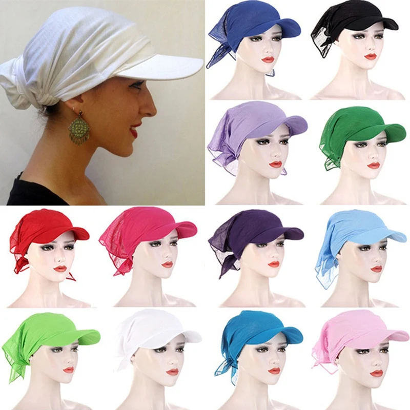 Berretto Hijab musulmano donna morbido cappello turbante cappelli da sole tinta unita foulard tesa esterna parasole femminile sciarpa quadrata Cap