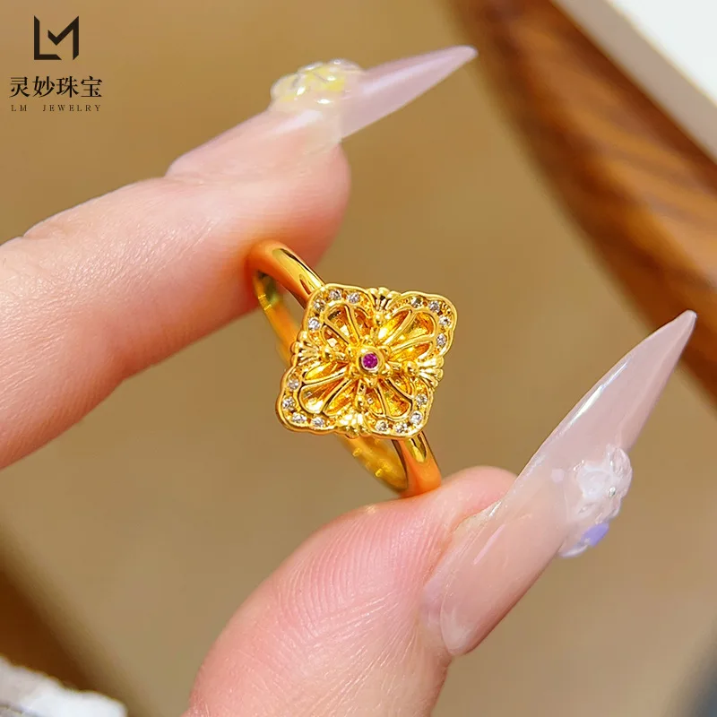 

9999 24K real gold luxury jewelry dot diamond diamond four-leaf clover ring hollow lace adjustable ring to give girlfriend gift