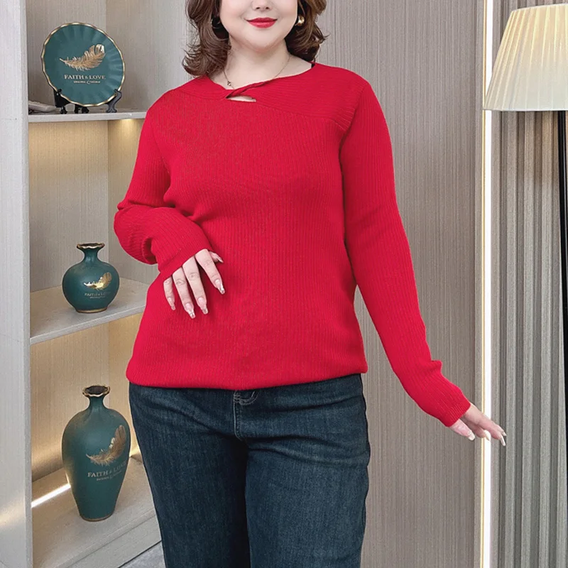 Plus Size Women Sweater Autumn Winter Hollow Neck Fashion Knitwear Female Design Pullover Jumpers 696