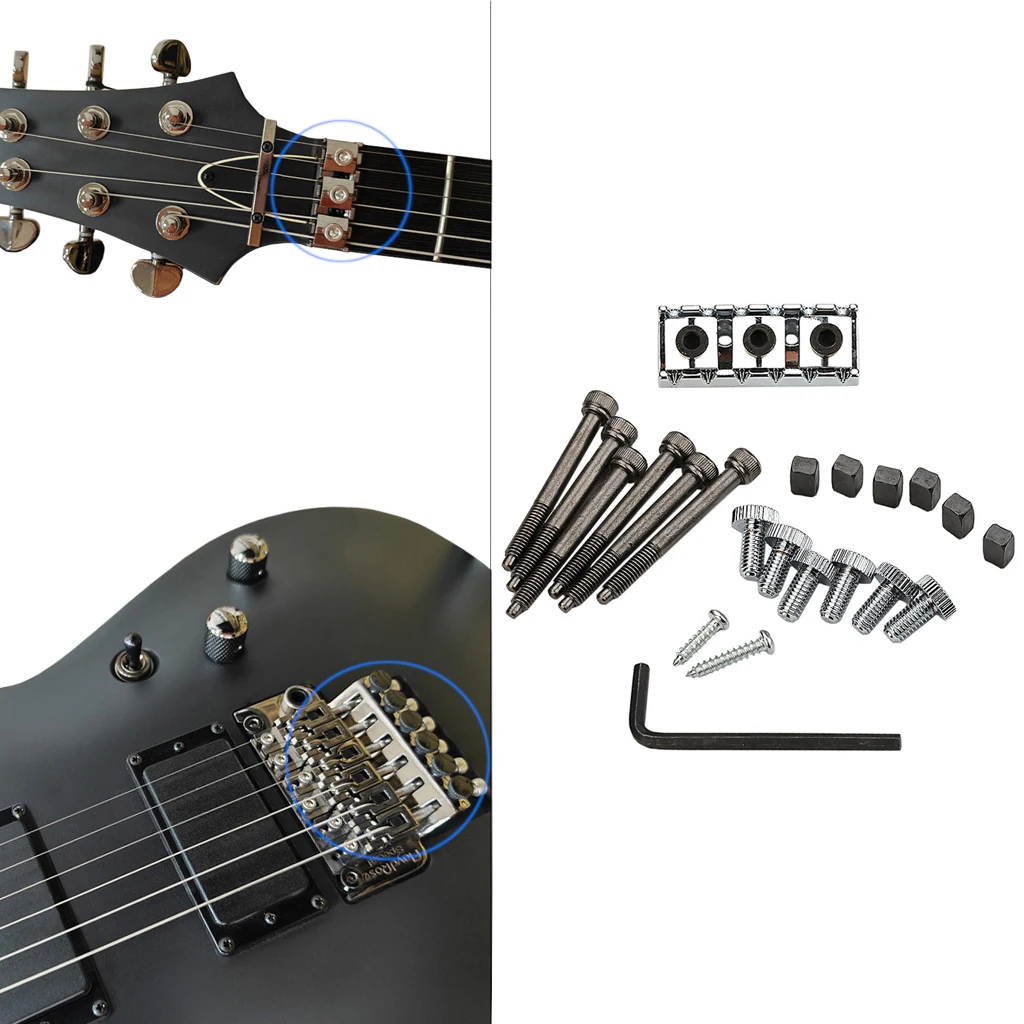 

Whole Set Guitar Tremolo Bridge Parts: Locking Nut, Saddle, Intonation Screws, Fine Tuner Screws & Block Inserts