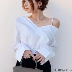 One Off Shoulder Tops Hot Sales Women Casual Cute Button Blue Shirts Office Lady Sexy Chic Korea Slim Flare Sleeve Blouses