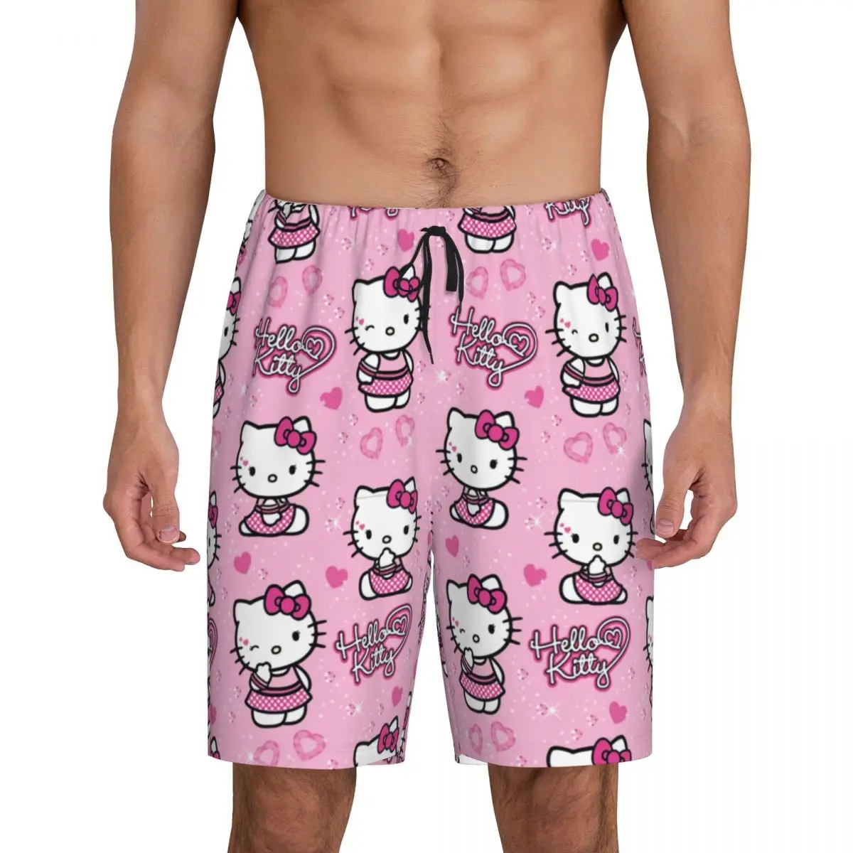 Custom Cartoon Anime Hello Kitty Bow Pajama Shorts Sleepwear Men\'s Elastic Waistband Sleep Lounge Short Pjs with Pockets