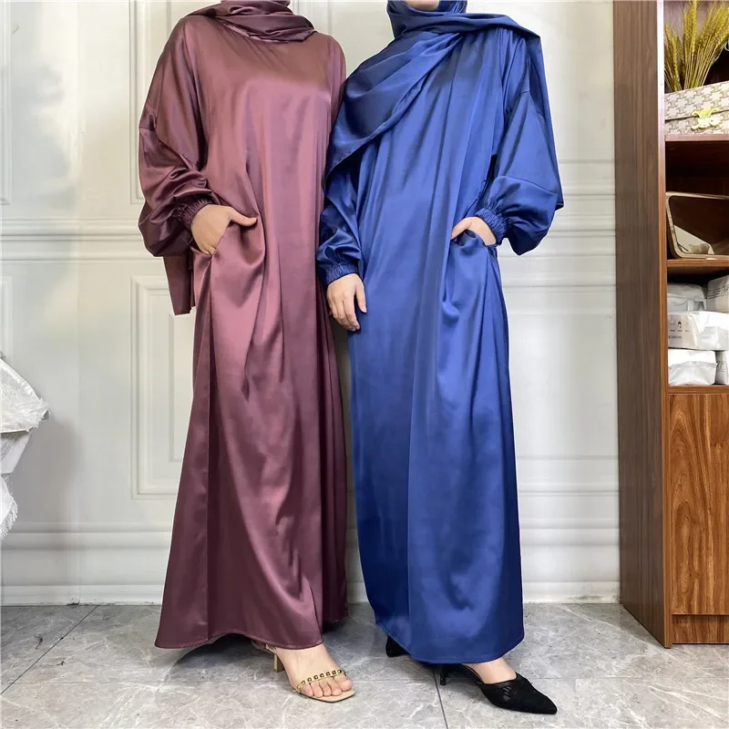 

Ramadan Satin Abaya Elegant Hijab Turkey Islam Pakistan Muslim Pocket Modest Long Dress For Women Robe Longue Musulmane Abayas