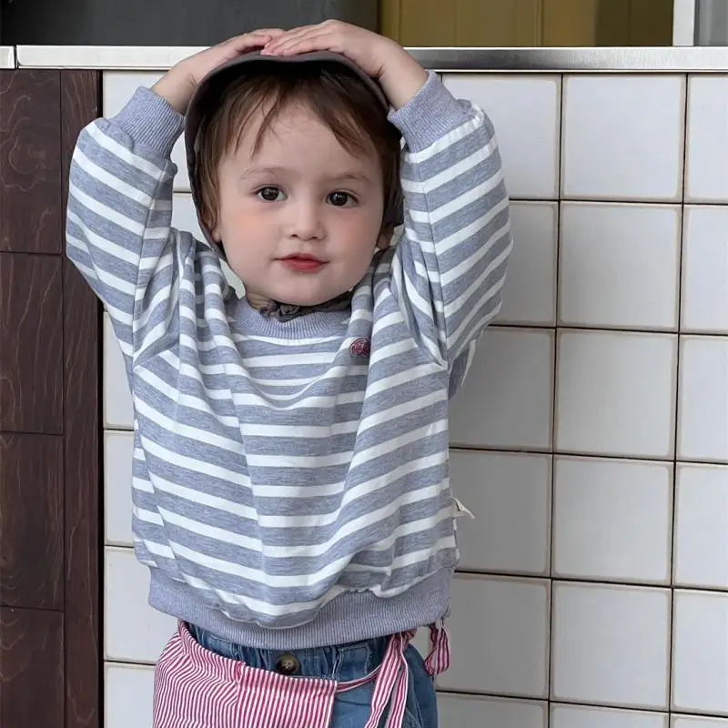 

2025 Autumn New Baby Long Sleeve Striped Sweatshirt Cotton Infant Loose Pullover Boys Girls Casual Sweatshirt Toddler Clothes