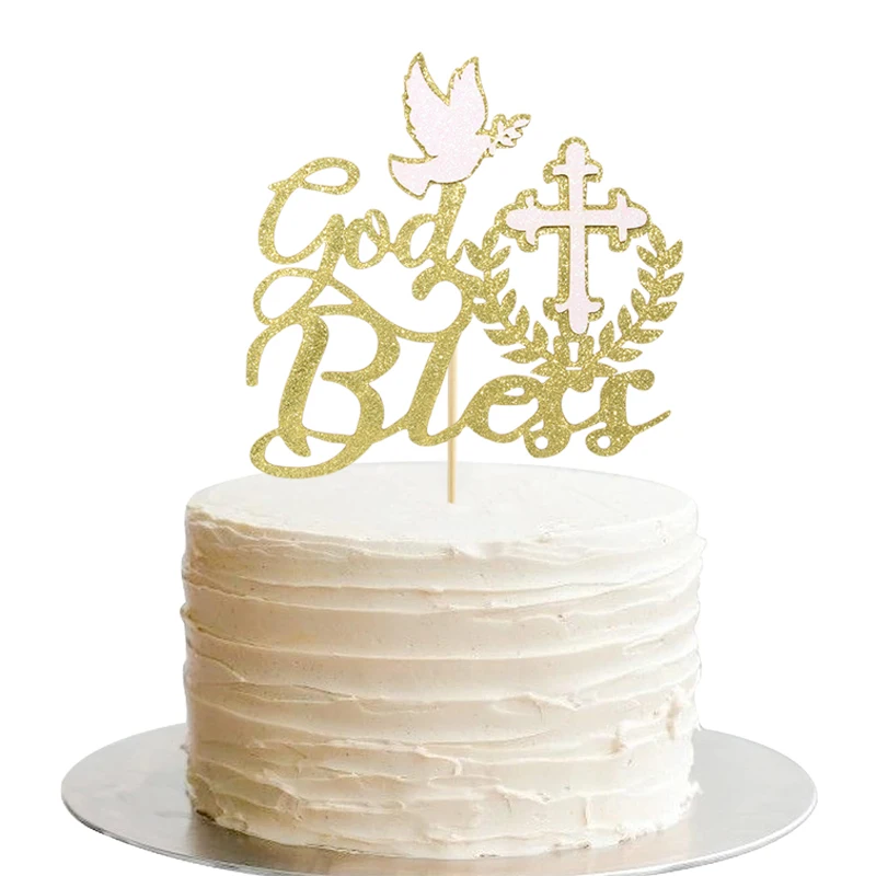 1pc, Golden God Bless Cake Insert, Baptism, Dedication Or First Communion Cake Decoration, Cake Decoration Supplies.