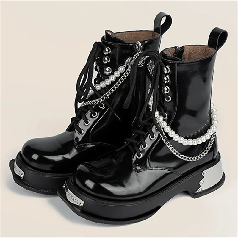 

Punk Style Botines Mujer Thick Sole Platform Shoes Chains Decor Autumn Cowboy Boots for Women Black Knight Short Booties