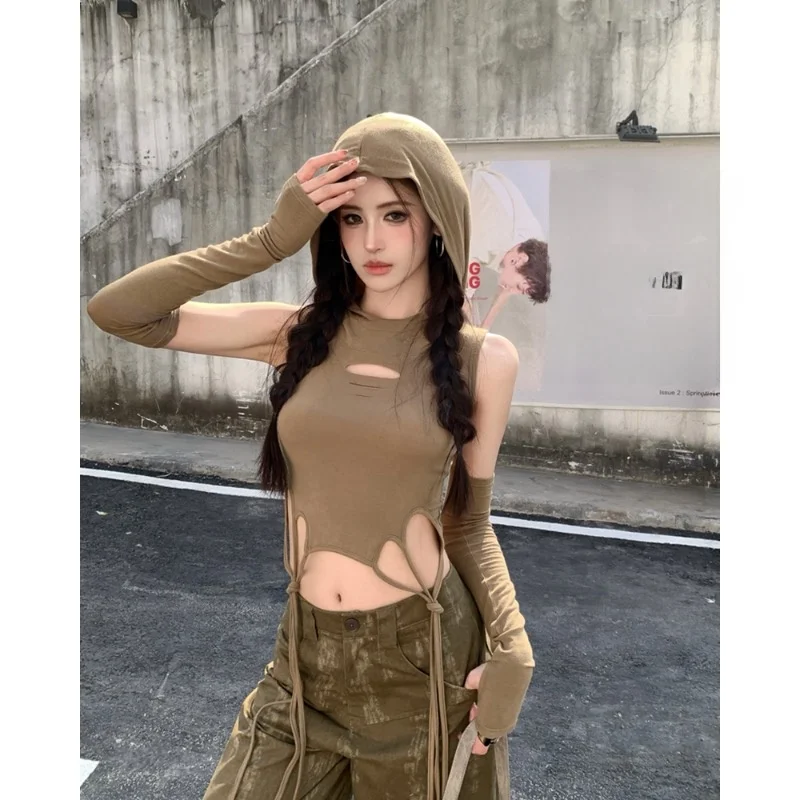 Summer 2026 Hot Girl Waste Land Style Hoodie Hole Design Women's Short Pure Color Vest Top with Belt Knitted Polyester Fiber