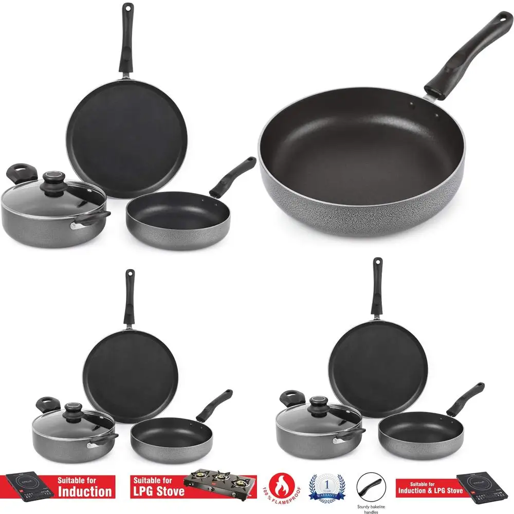 

Cello Prima 3-Piece Hammertone Aluminum Cookware Set: 28cm Dosa Tawa, 22cm Kadai with Glass Lid, 22cm Fry Pan