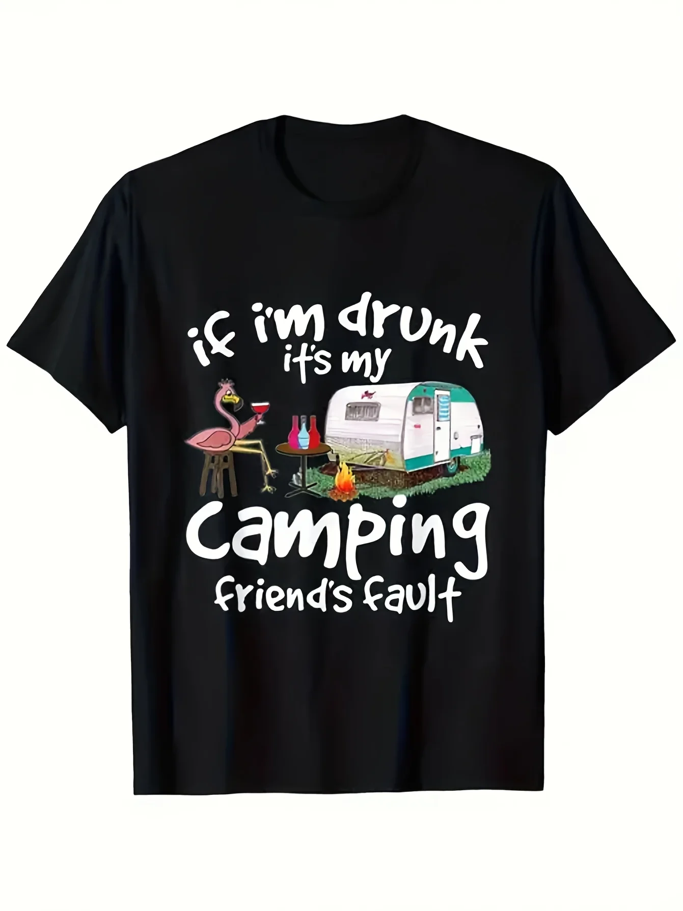 2026 Top PickLocalMen's Funny Camping T-Shirt - If I'm Drunk It's All My Camping Friends' Fault Graphic Tee with Flamingo, RV, C