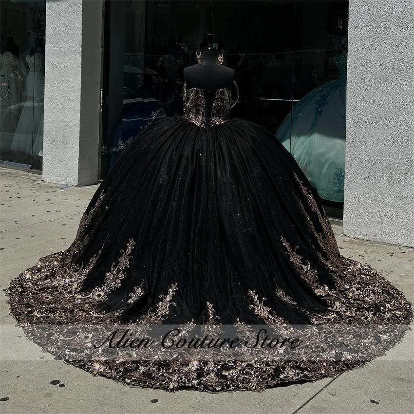 Glitter Black Ball Gown Princess Quinceanera Dress 2024 Sequin Appliques Sweet 16 Party Gown Vestidos De 15 Años Birthday Gowns