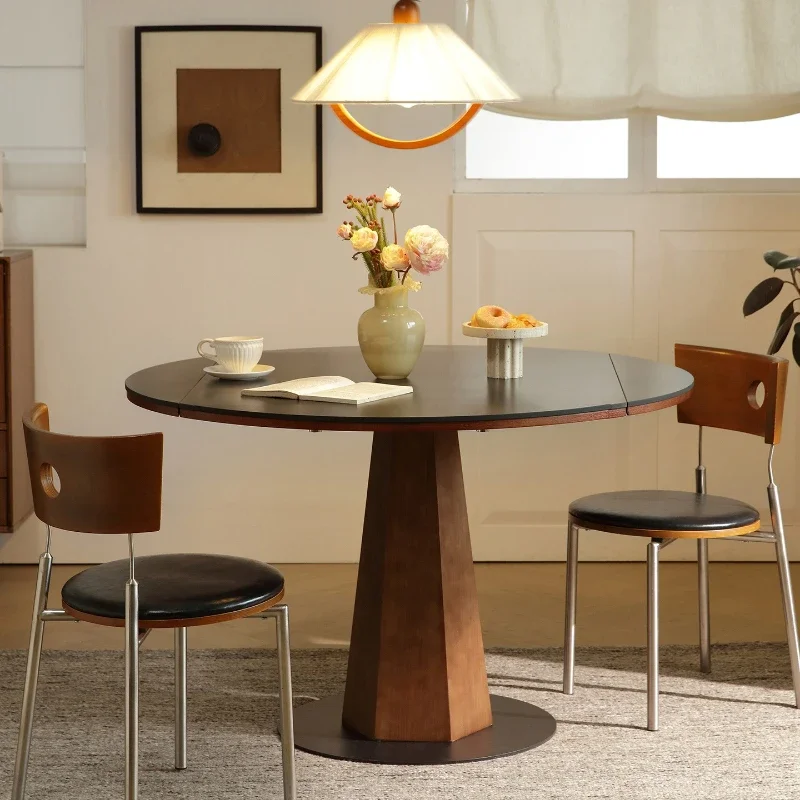 Solid wood round rock slab folding dining table medium antique small apartment round table retro black walnut home dining table