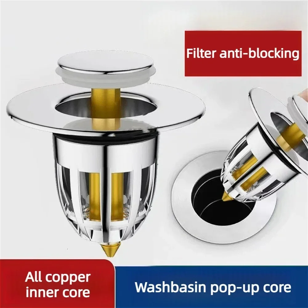 Universal Chrome Basin Drain Stopper - Push Type Pop Up Plug with Removable Hair Catching Filter for Bathroom Sink and Vanity