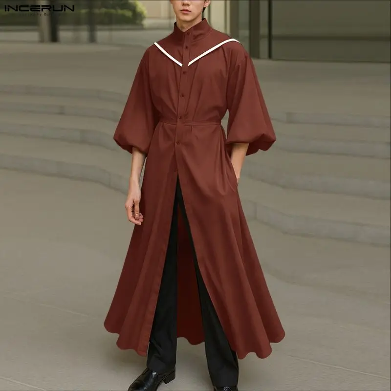 INCERUN Men Long Style Shirt Patchwork Stand Collar Long Sleeve Button Men Clothing Streetwear Loose Fashion Dress Male Shirts