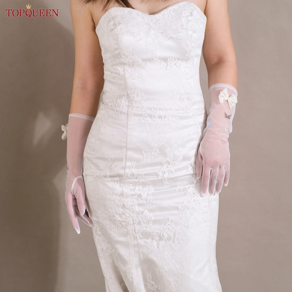 

TOPQUEEN Elegant Bridal Wedding Gloves Organza Applique Wedding Gloves Cream White Elbow Length Wedding Accessories T53