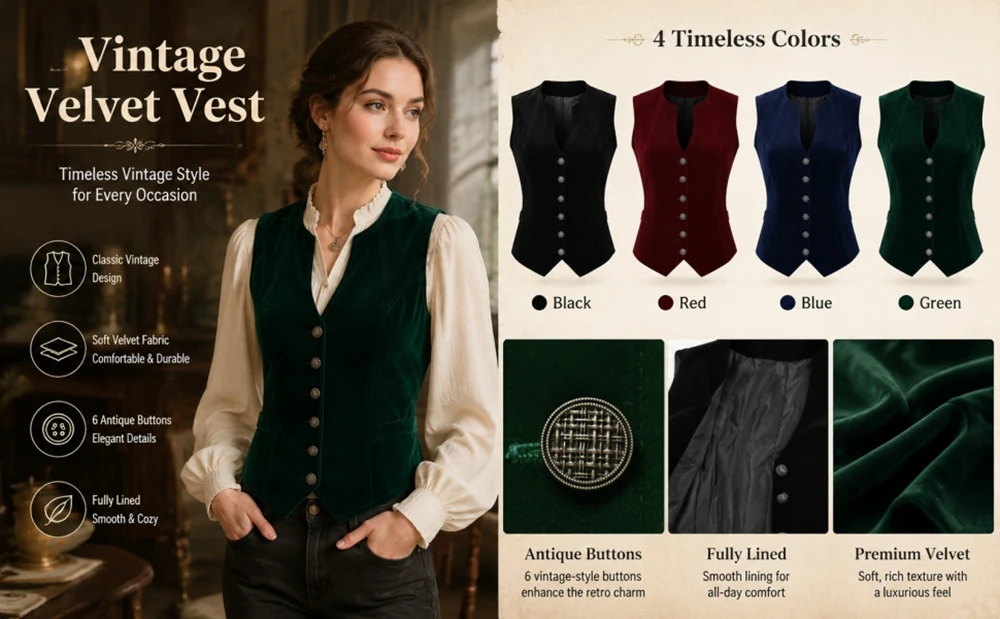 Vintage Velvet Vest for Women V Neck Cropped Sleeveless Casual Tops Regular Fitted Jacket Waistcoat