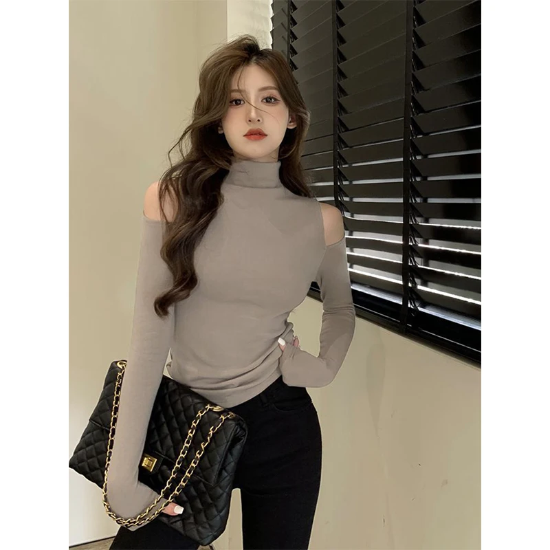 Turtleneck Off Shoulder T Shirts Women Thin Velvet Long Sleeve Bottom Shirt Spring Autumn Streetwear Korean Hollow Out Slim Tops