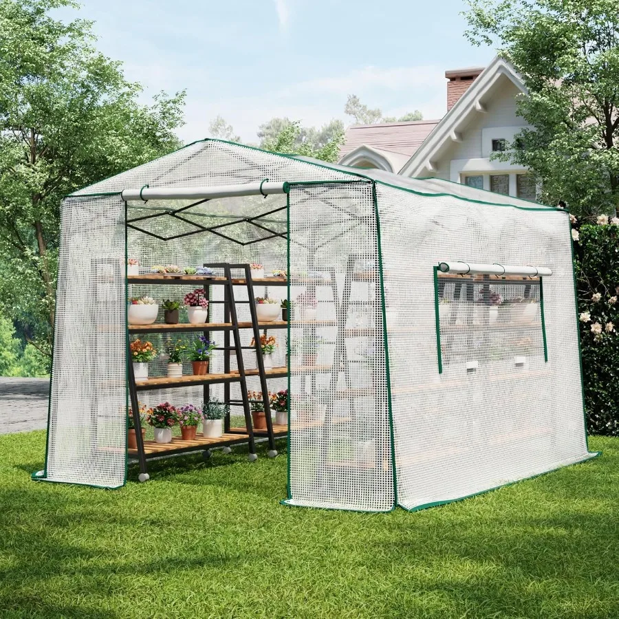 

11,5x8,5x7,4 фута портативный теплица для растений с застежкой-молнией, окнами и дверями, сверхпрочная полиэтиленовая крышка и стальной рамой f