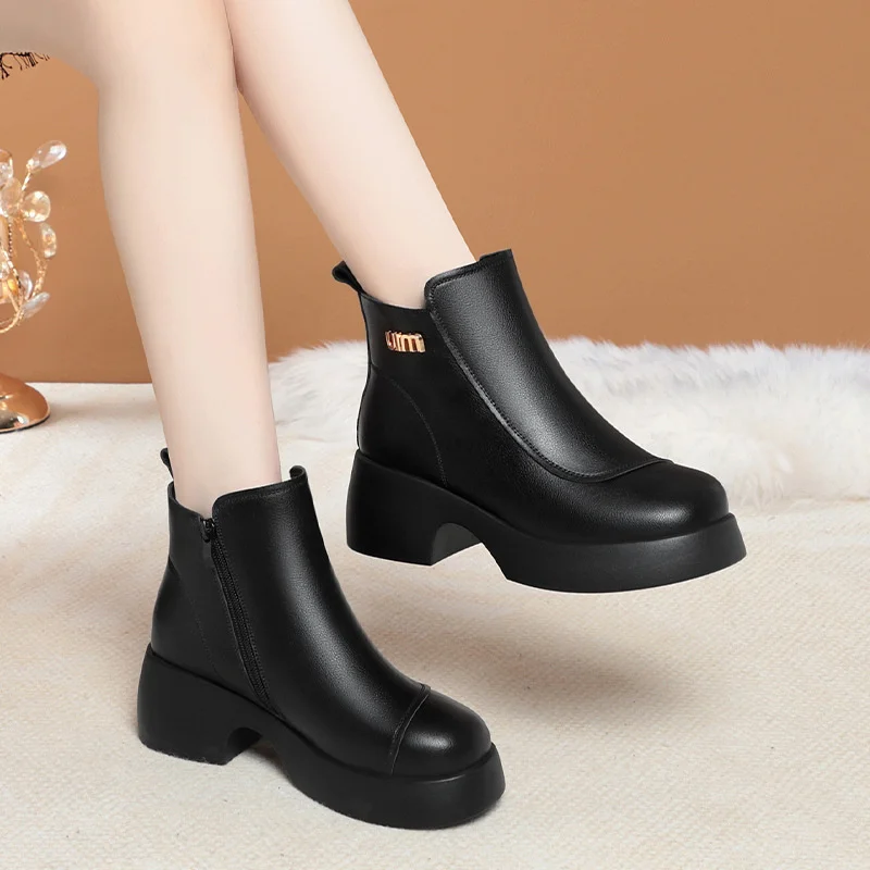 Platform Boot Women High Block Heels Leather Motorcycle Boot Short Ankle Length Chunky Shoes Women Boots