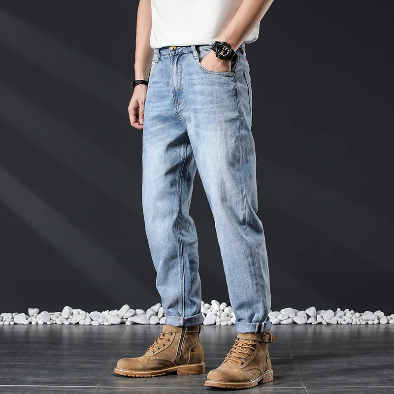 2024 new influx of high-end retro nostalgia men's jeans spring and summer blue stretch casual loose straight jeans pants