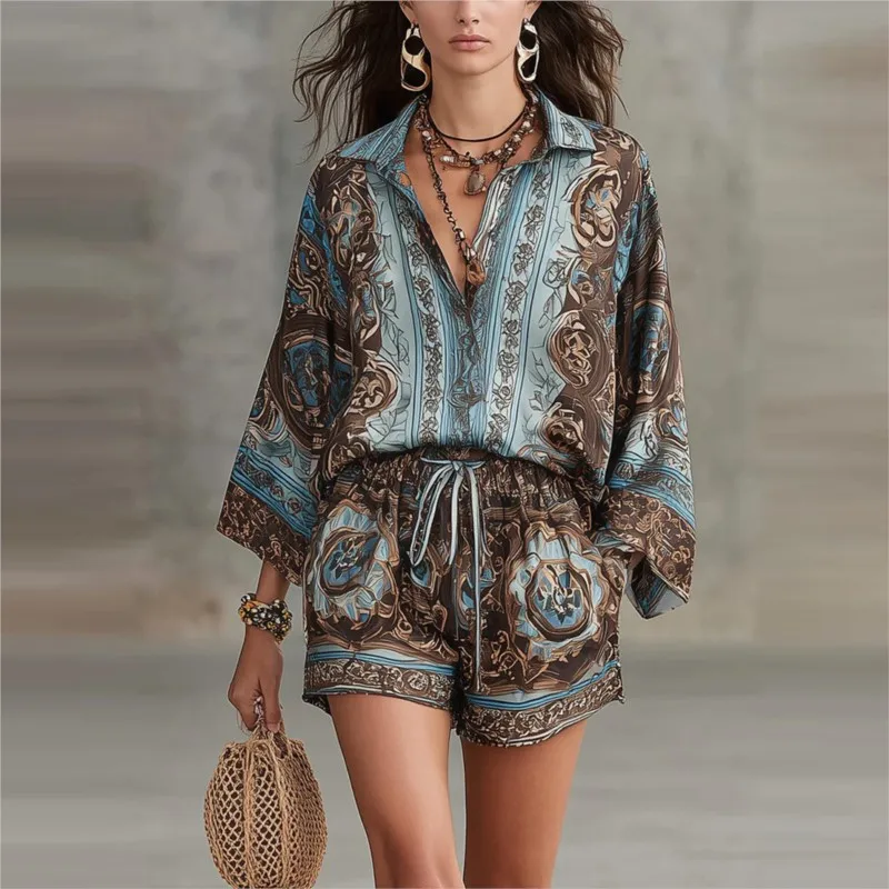 Women's Boho Vintage Print Two-Piece Set New Long Sleeve Shirt Top Wide Leg Shorts Casual Loose Suit For Autumn Women Clothing
