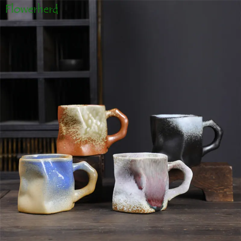 Irregular Shape Mug Kiln Change Ceramic Tea Coffee Cup with Handle Polychromatic Creative Pottery Water Mugs Coffee Cups Retro