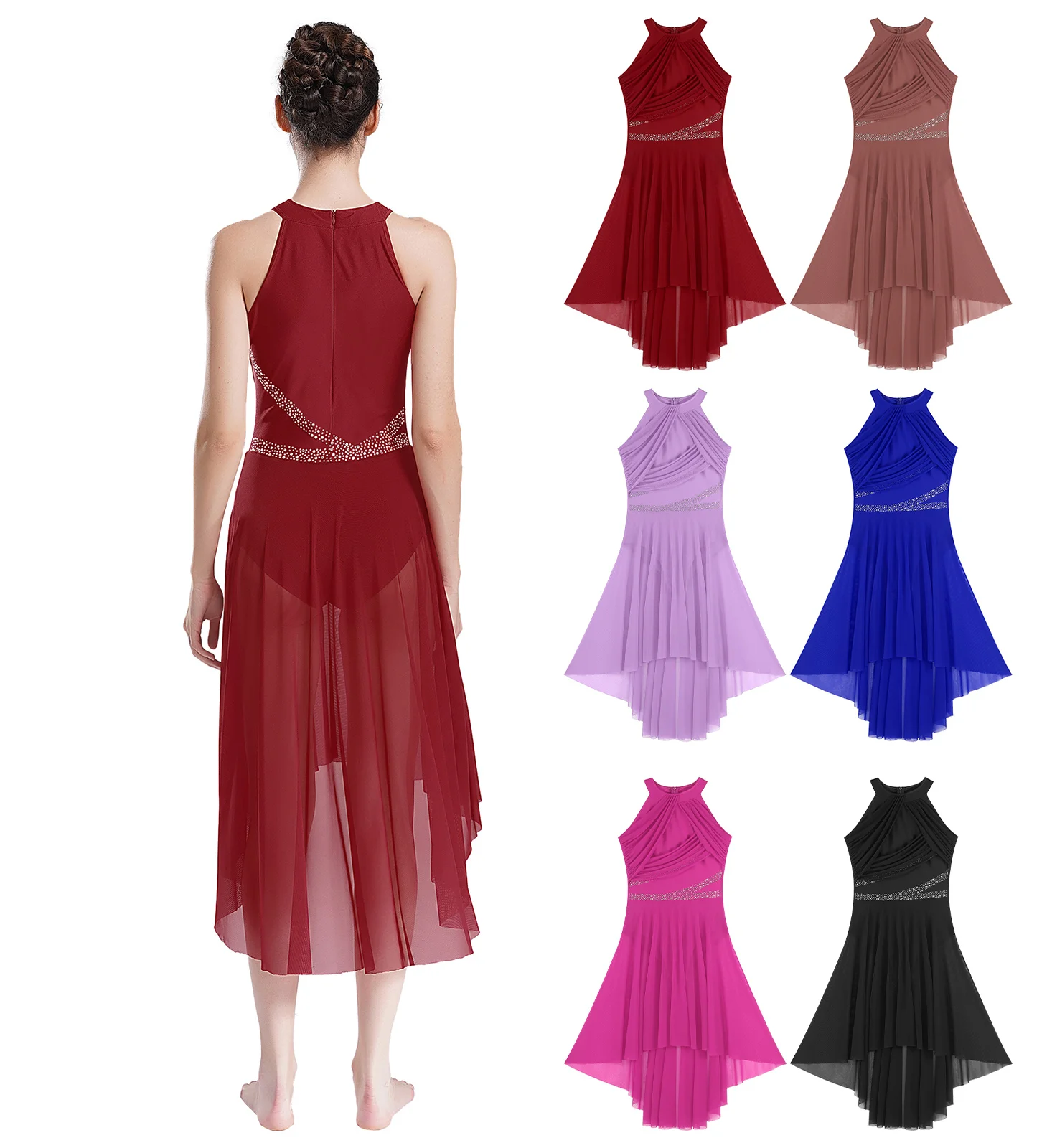 

Lyrical Modern Dance Dress Womens Sparkly Rhinestones Dance Competition Dancewear Sleeveless Asymmetrical Hem Ruched Leotard