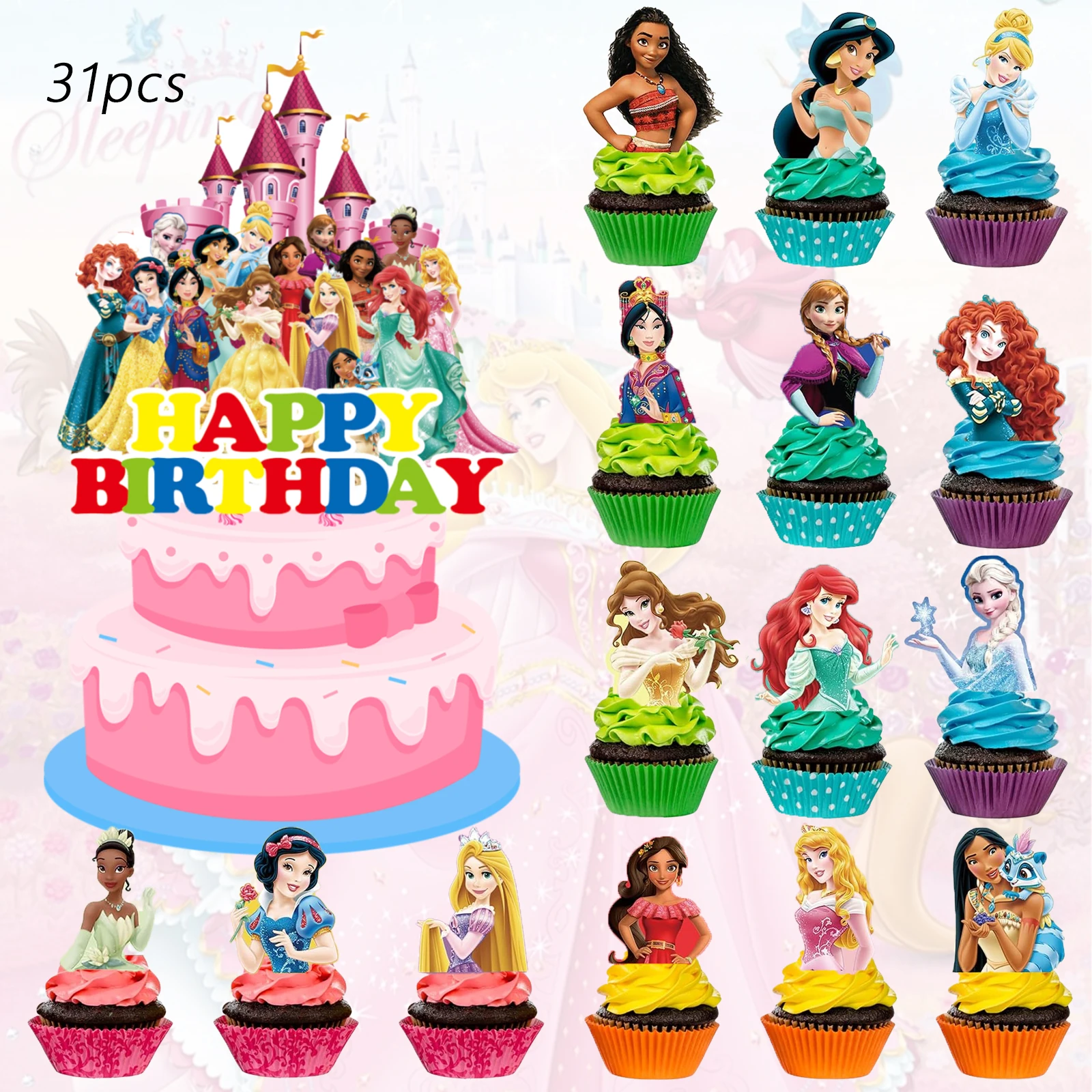 قطعة علوية لكعكة أميرات ديزني، أغطية كب كيك للفتيات، مستلزمات حفلات أعياد ميلاد الأميرة الوردية، عيد ميلاد الأميرة