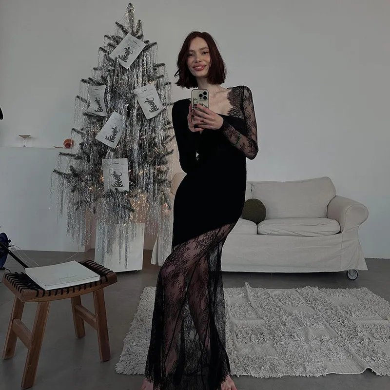 

2023 Women's Clothing Niche Design Dark Sexy Lace Patchwork Slim Fitting Asymmetrical Long Sleeved Dress