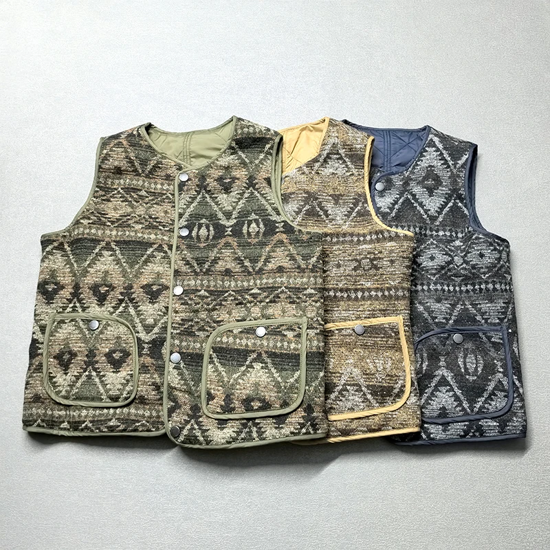 2026 Winter British Fair Island Wool Blended Vest Indian Totem Double-sided Quilted Diamonds and Cotton-padded Coat Reversible