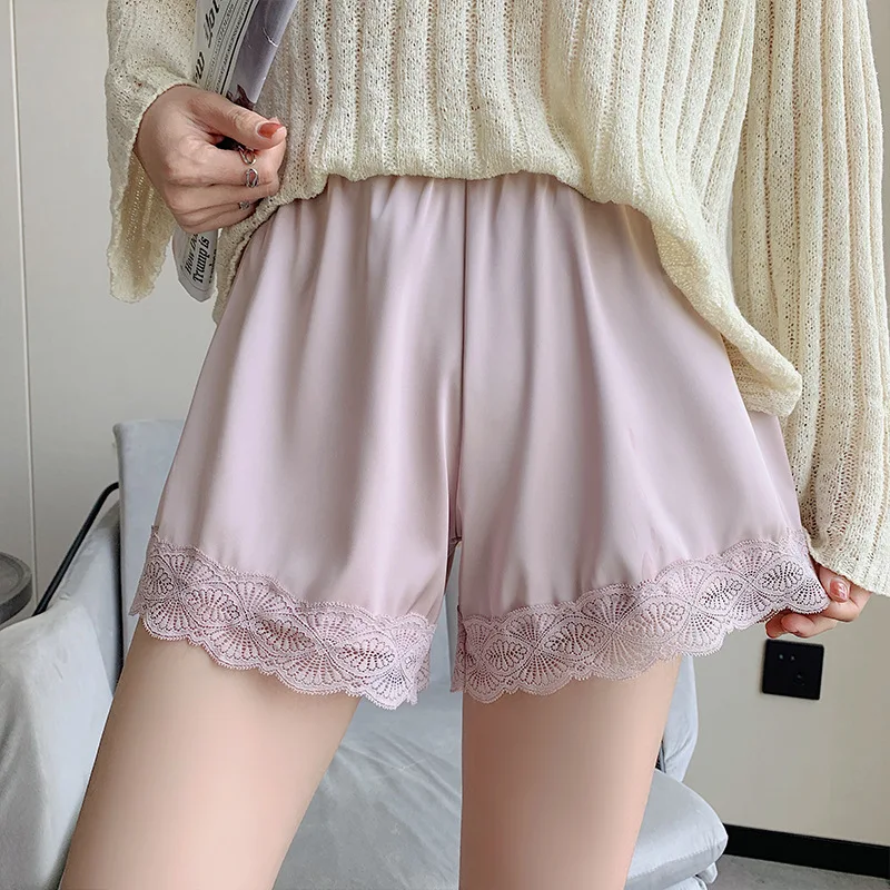 Summer Women Satin Silk Safety Short Pants Lace Patchwork Female Shorts Boxer Soft Cool Pajamas Loose Sleep Bottoms Underskirt