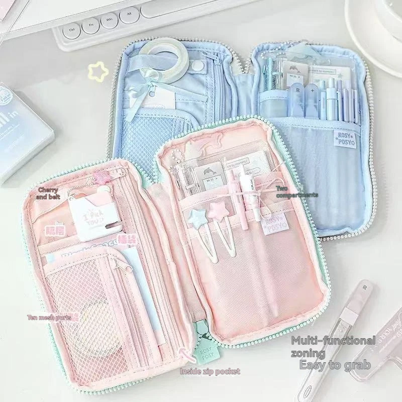1PC Pen Case Passport Bag Standable Small Fresh Girl Multi-Functional Partition Storage Stationery Bag
