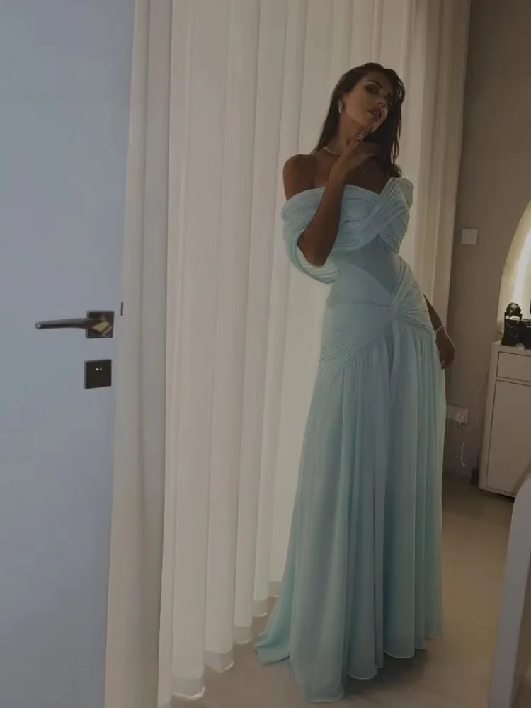 Women Dress Off Shoulder Pleated Tulle Evening Gowns Sheer Mesh Hollow Out Formal Maxi Dress Wedding Guest Party Prom Dresses