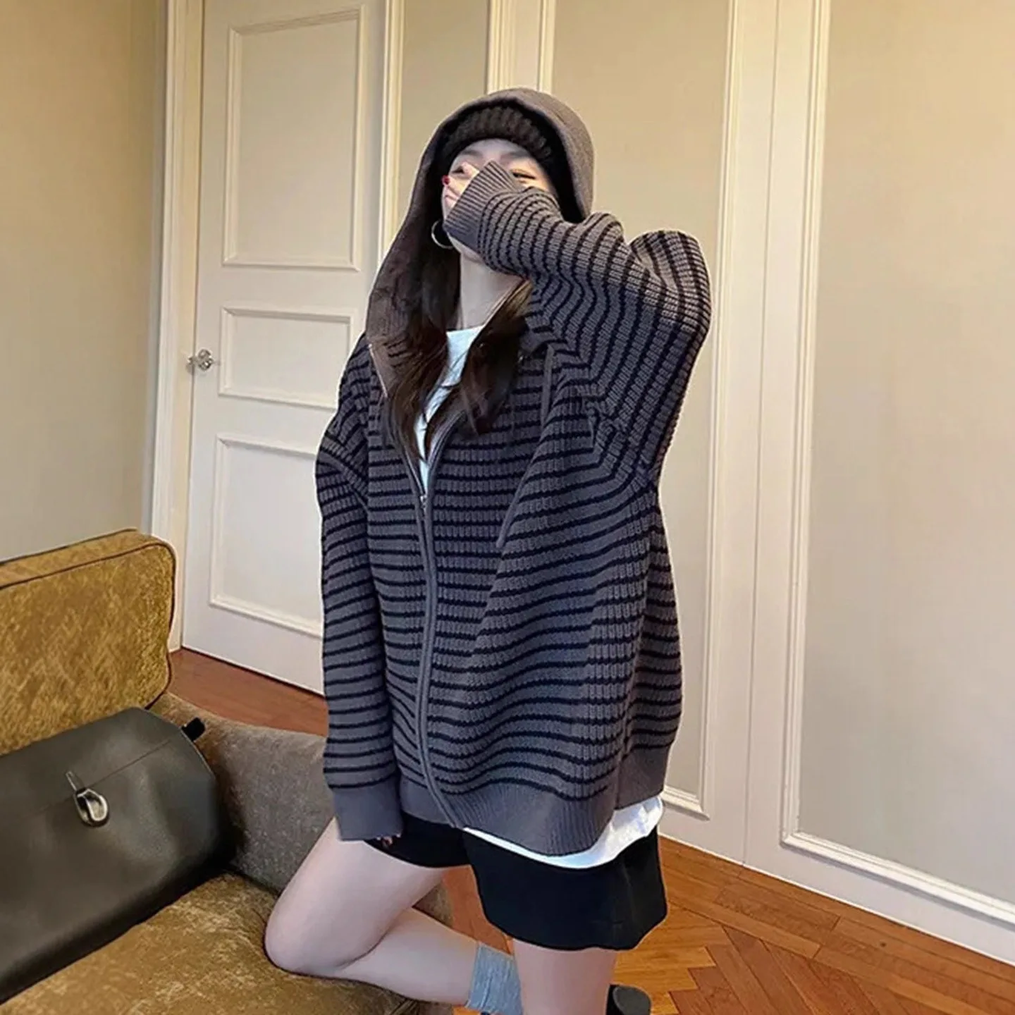 Hooded College Soft Waxy Loose Contrasting Color Knitted Cardigan Striped  Autumn and Winter Neutral Retro Sweater Women's Top