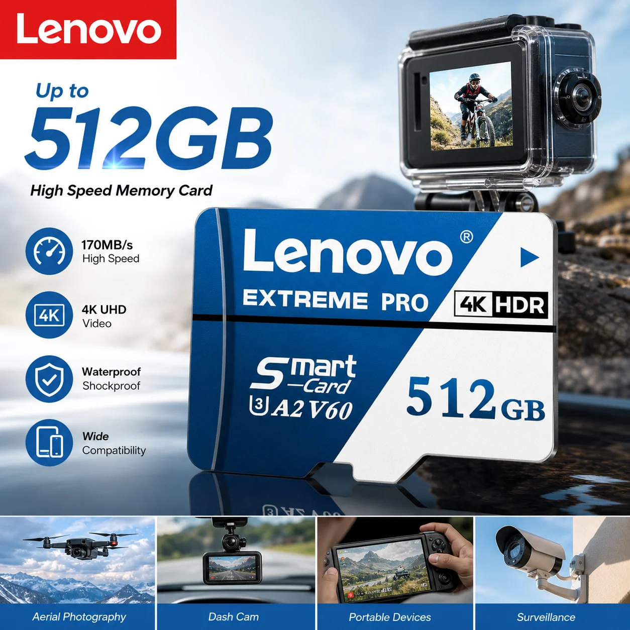Lenovo High Speed SD Memory Card 128GB 256GB 512GB 64GB Micro TF SD Card Class10 U3 V60 TF Card For Nintendo Switch Drone Camera