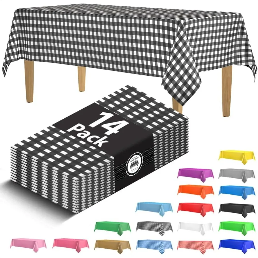 

14 Pack Plastic Black Gingham Checkered Picnic Tablecloth 54 X 108 in. Rec Table Covers Table Cloths For Parties Birthdays We