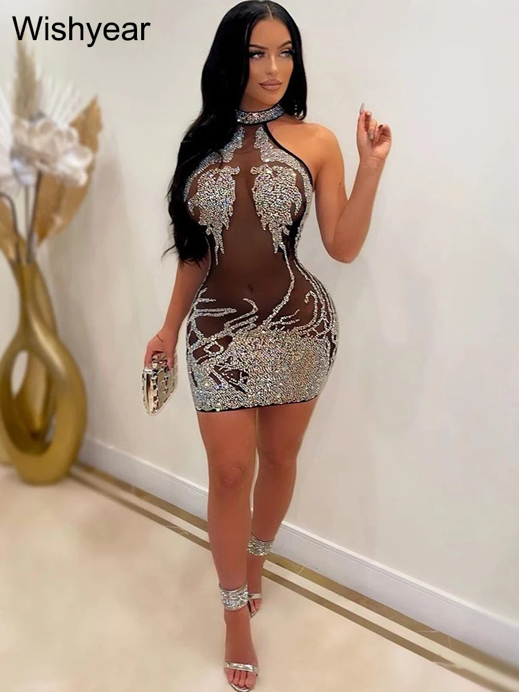Neue heiße Strass Mesh sehen durch Aprikose Mini kleid Frauen ärmellose Bodycon Abend Geburtstag Luxus Nacht Bar schwarz Vestidos – Detail 10