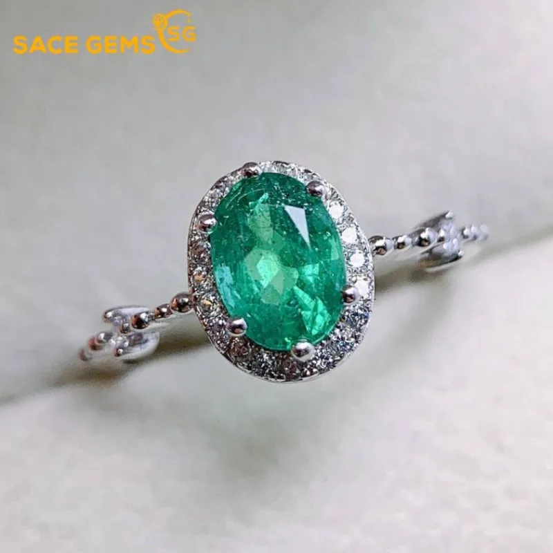 

SACE GEMS Fashion 925 Sterling Silver 5*7mm Natual Emerald Luxury Rings for Women Created Wedding Engagement Party Fine Jewelry