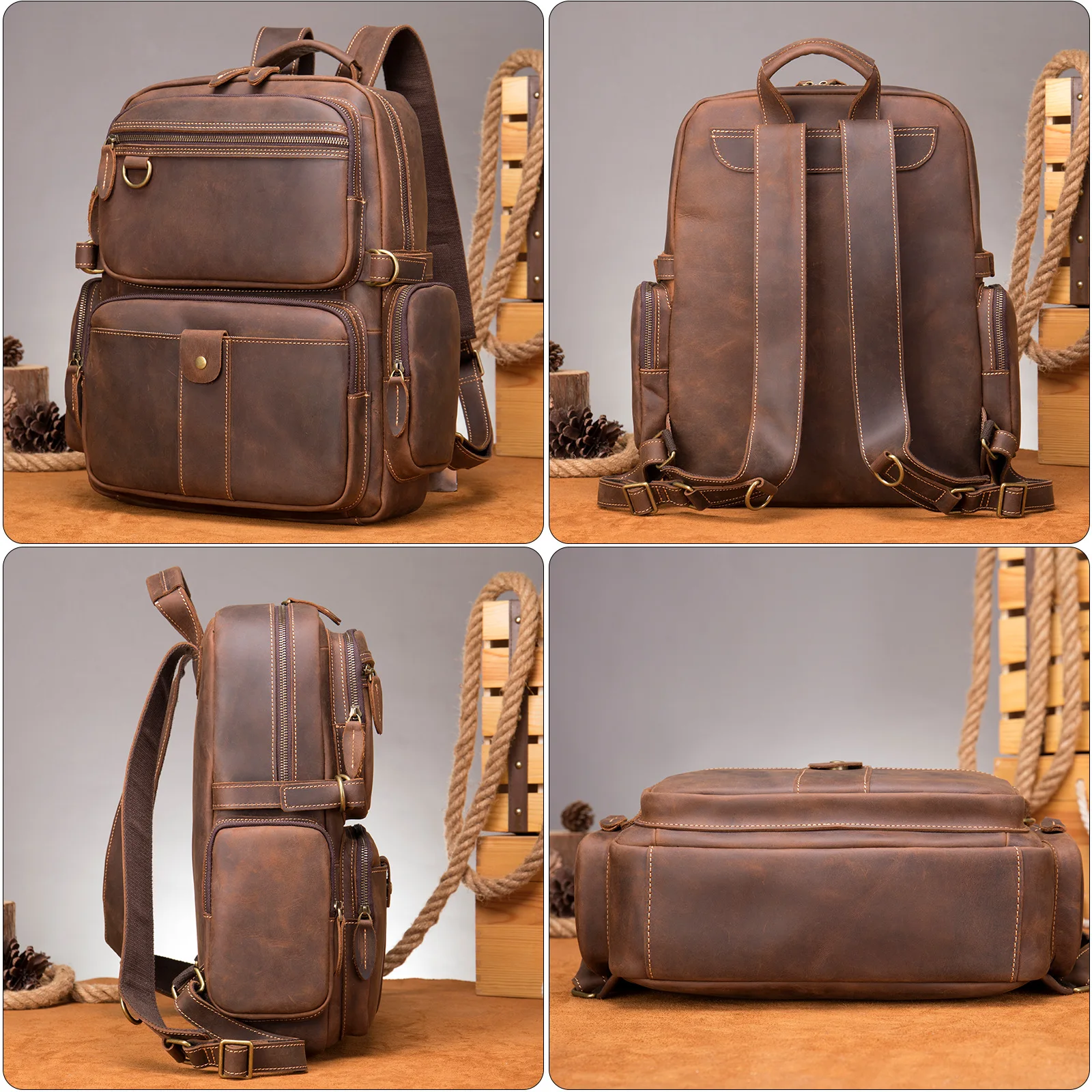 Men\'s Full Grain Leather Backpack Genuine Leather Backpack Real Cowhide Computer Laptop Bag 15.6\