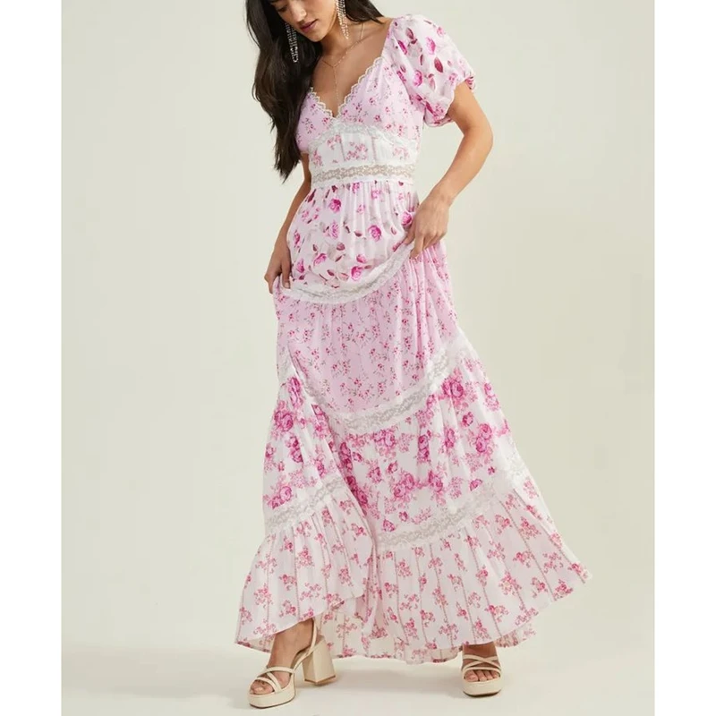 Combhasaki Damen-Sommerkleid, durchsichtig, Spitzenbesatz, V-Ausschnitt, Blumendruck, Kontrastfarbe, Puffärmel, Strandmode, Rüschen, fließendes A-Linien-langes Kleid