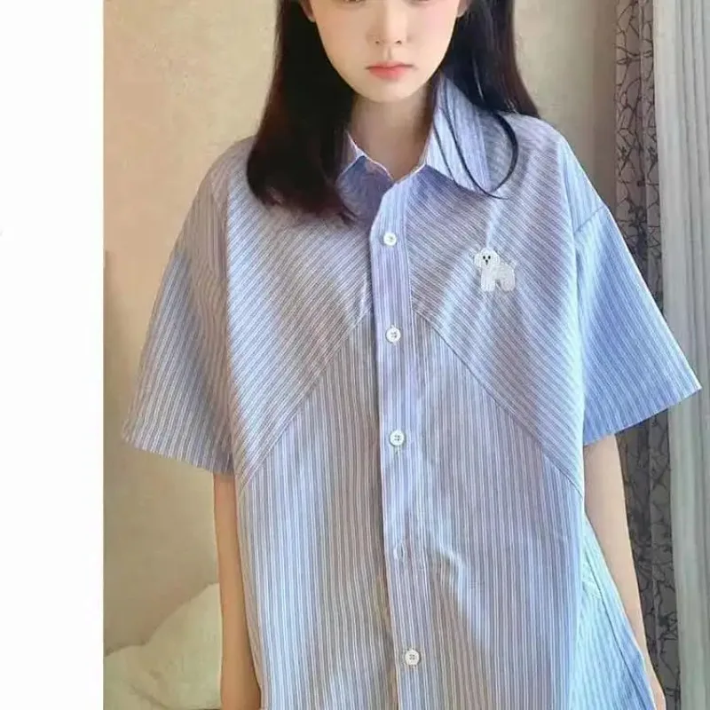 

Women's Striped Dog Embroidered Shirt Loose Casual Short Sleeve Japanese Style Blouse