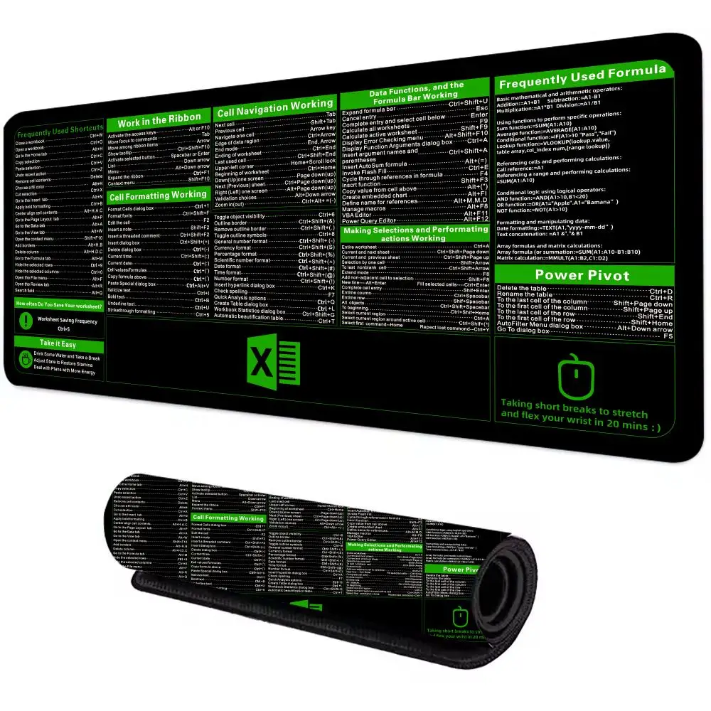 لوحة ماوس كبيرة من Excel Cheat Sheet وسادة مكتب مقاومة للاهتراء سطح أملس غير قابلة للانزلاق لوحة ماوس ألعاب مكتب مكتب لوحة ماوس